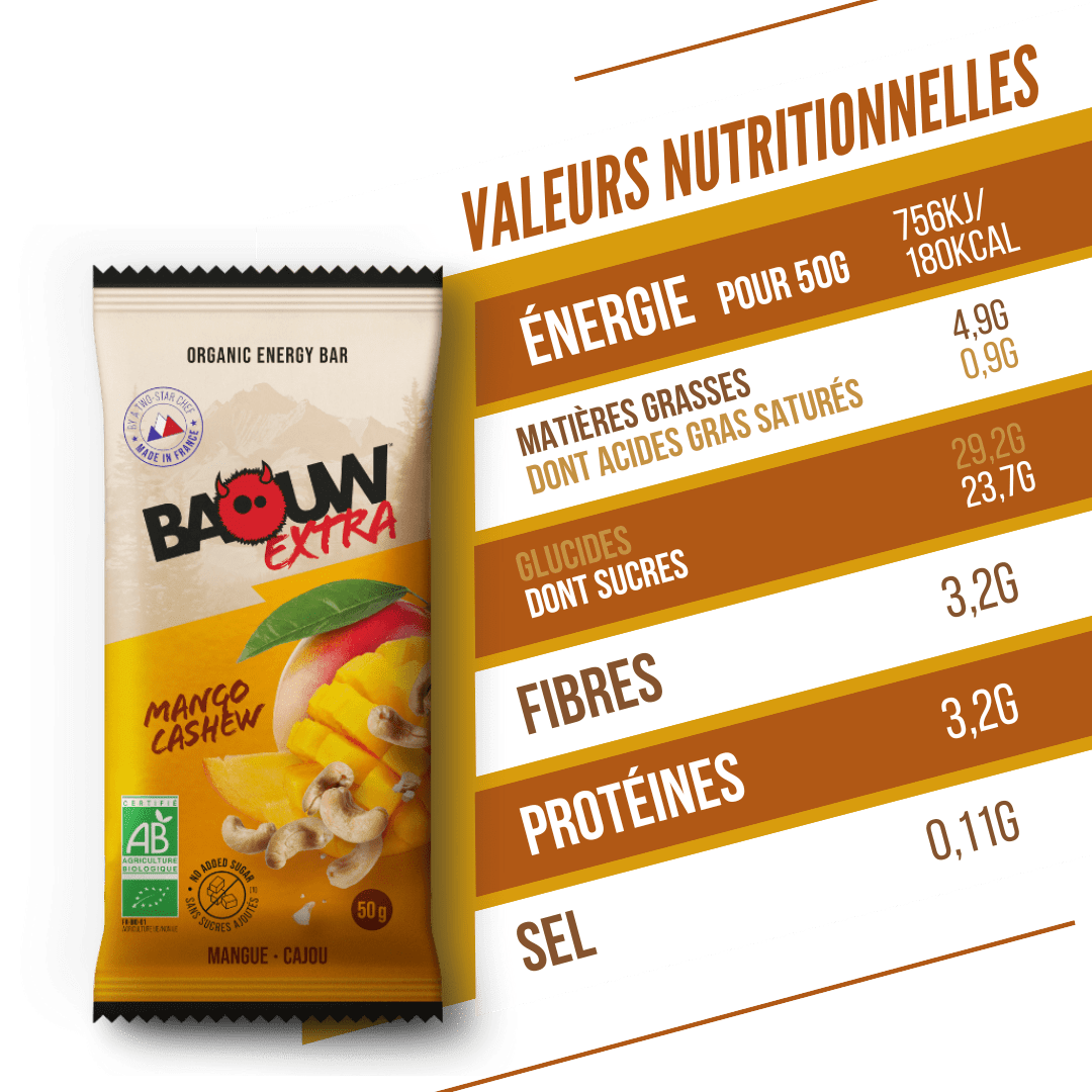 BAOUW BIO EXTRA Barrita energética de mango y anacardos (50g)