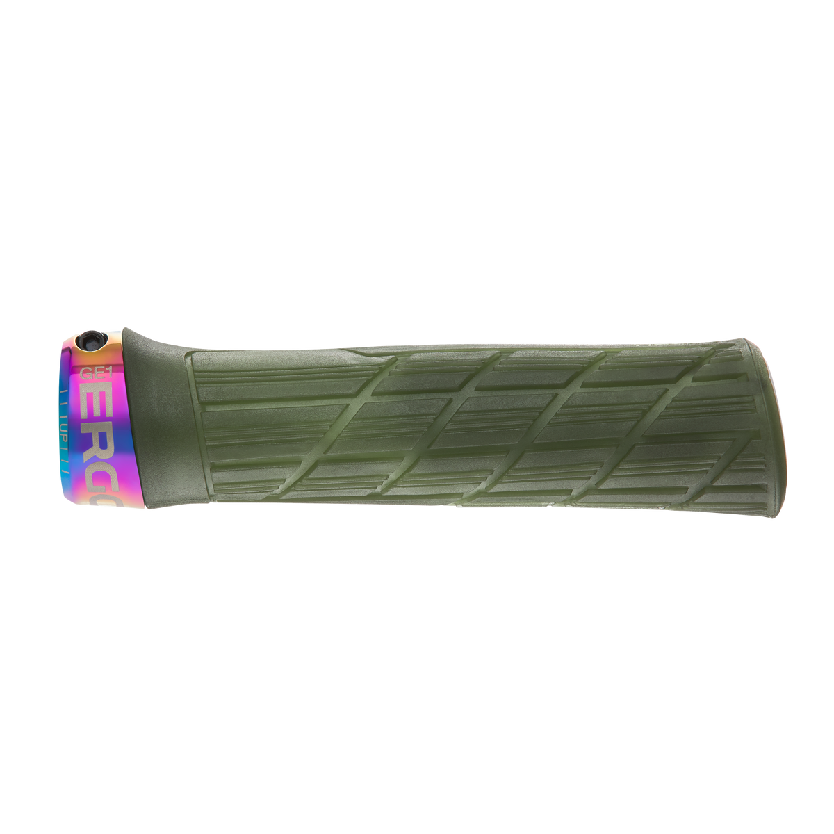 Puños ERGON GE1 EVO Factory verde musgo escarchado con abrazaderas Oil Slick - detalle