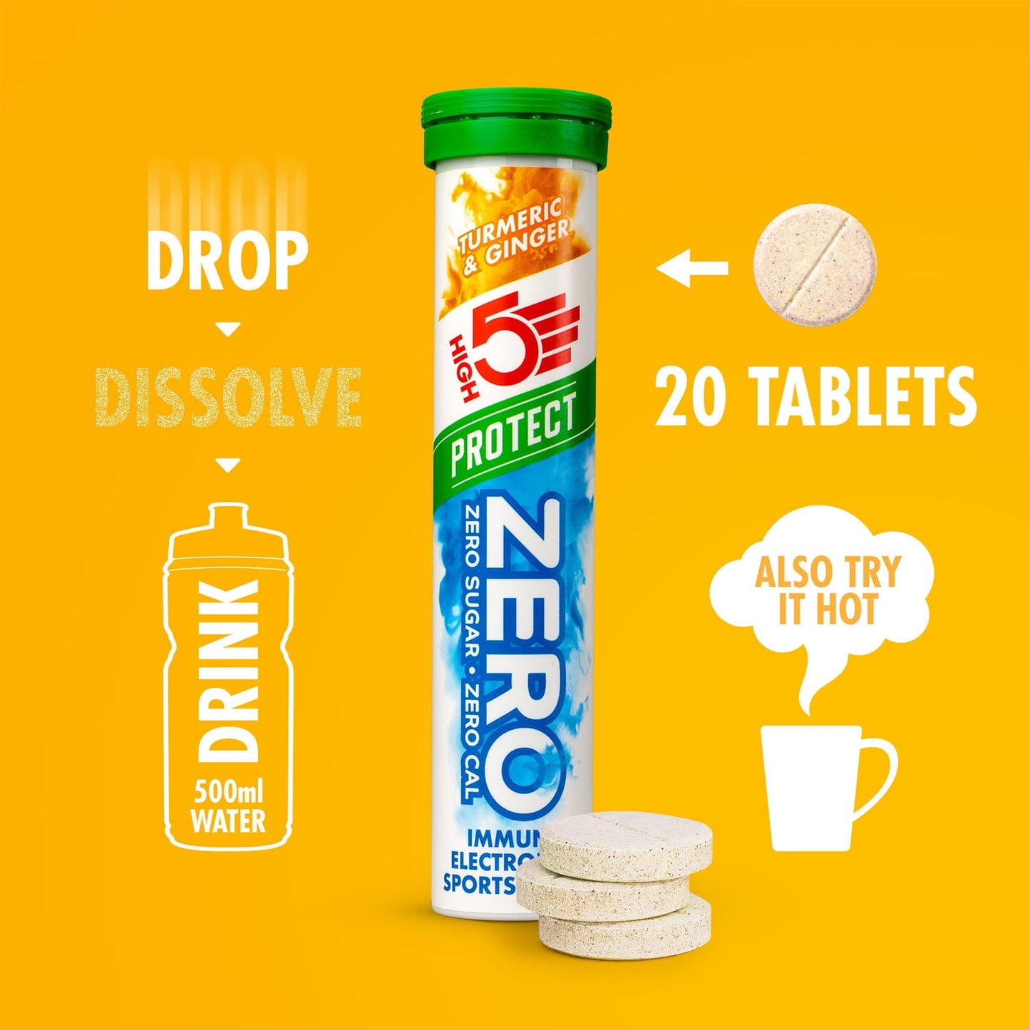 Boisson Anticrampe High5 ZERO PROTECT Tubo de 20 Pastillas Cúrcuma Jengibre