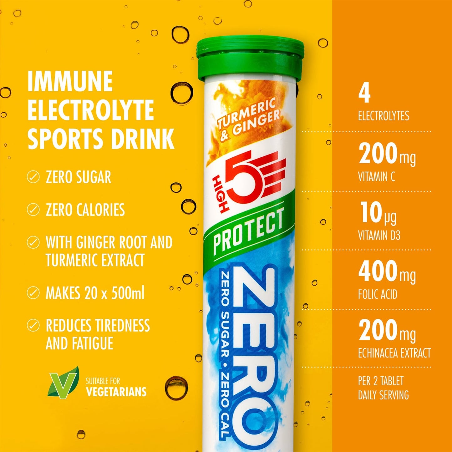 Boisson Anticrampe High5 ZERO PROTECT Tubo de 20 Pastillas Cúrcuma Jengibre