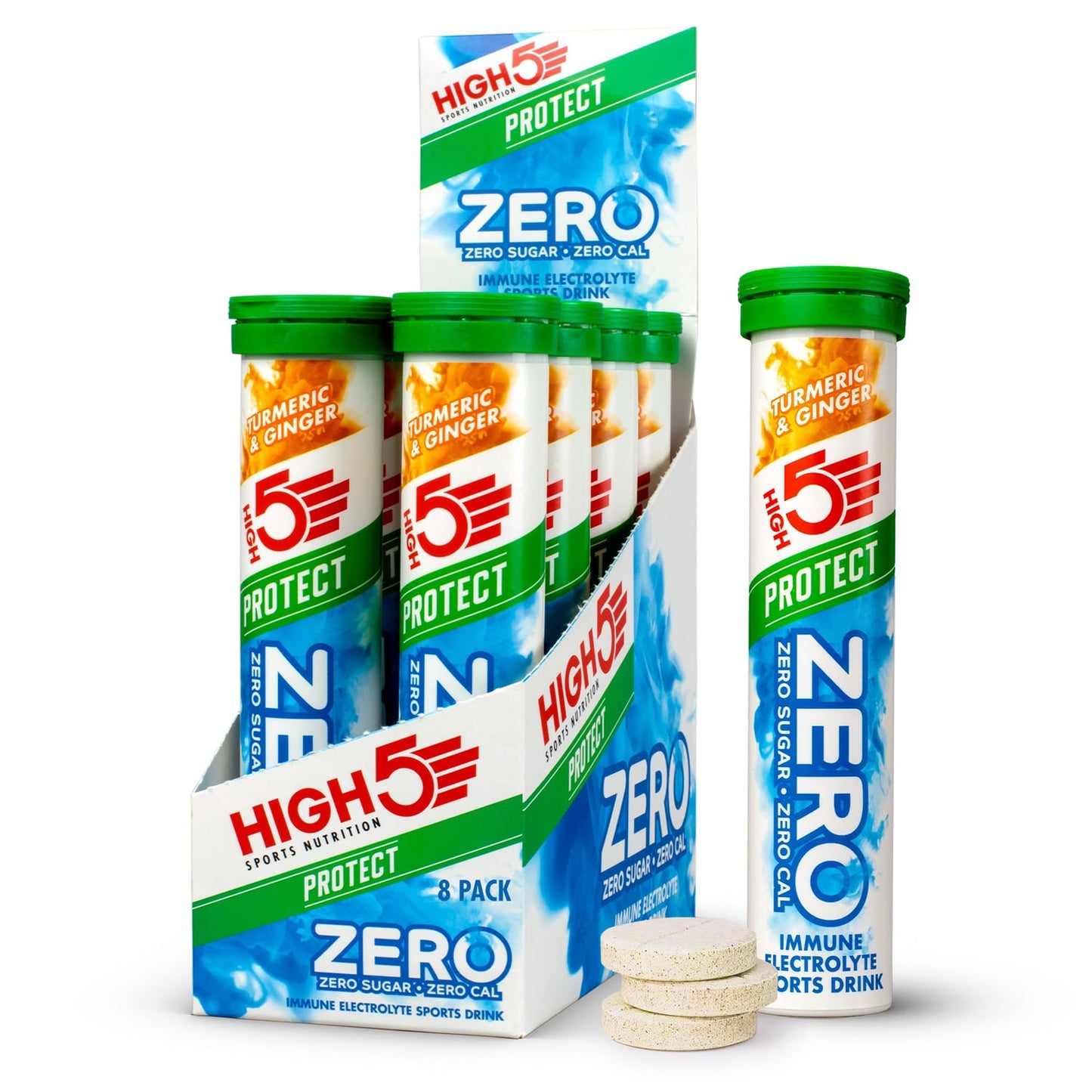 Boisson Anticrampe High5 ZERO PROTECT Tubo de 20 Pastillas Cúrcuma Jengibre