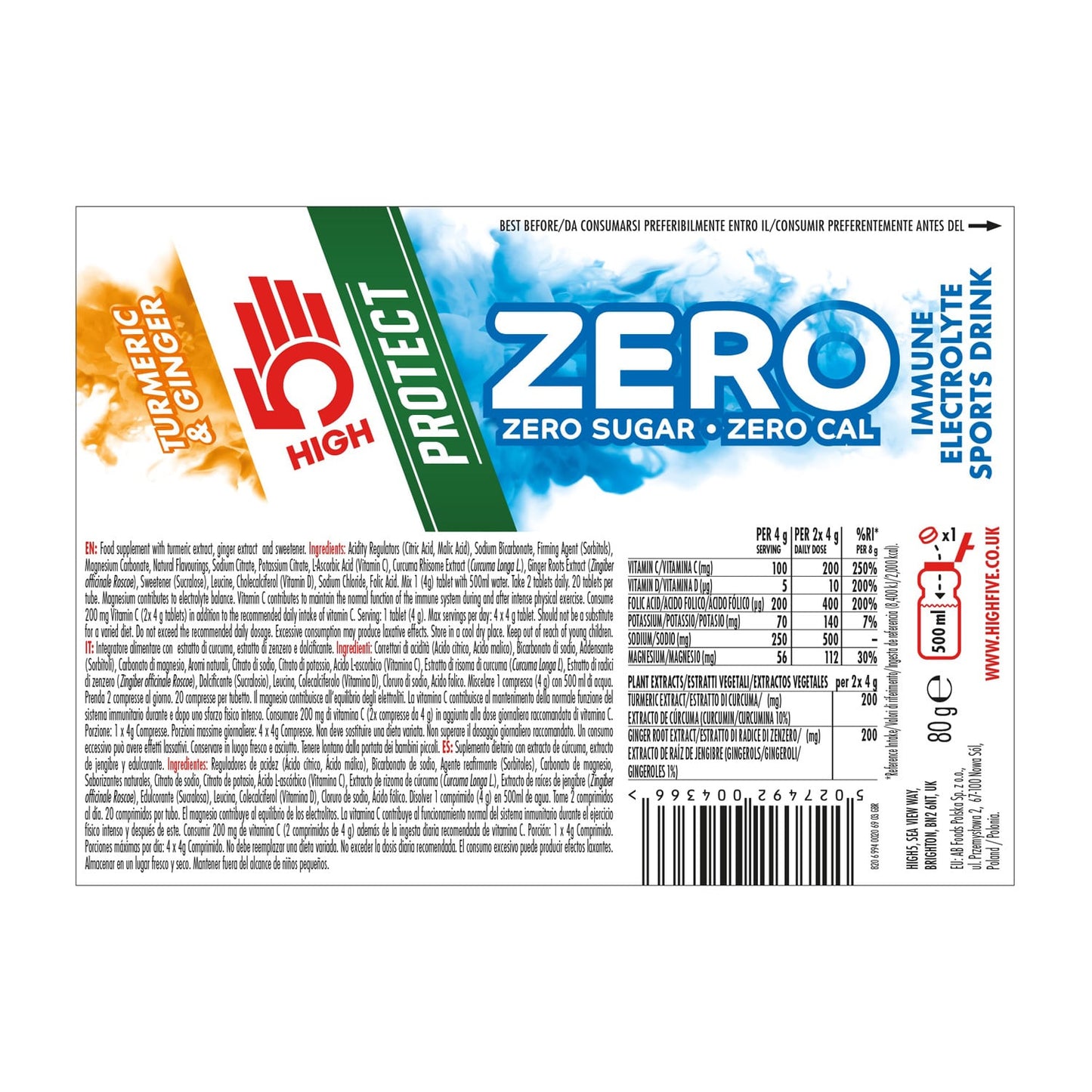 Boisson Anticrampe High5 ZERO PROTECT Tubo de 20 Pastillas Cúrcuma Jengibre