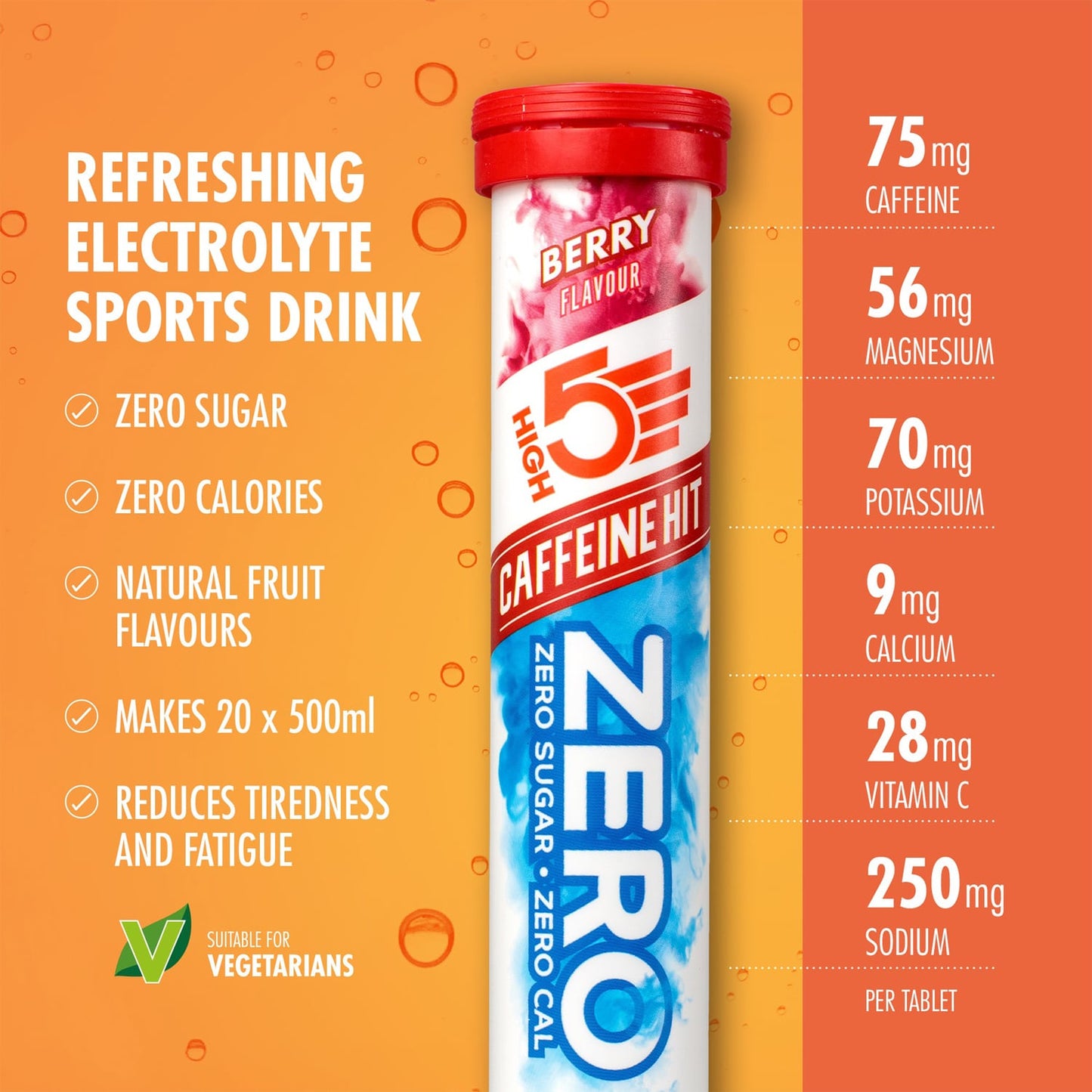 Boisson Anticrampe High5 ZERO Caffeine Hit Tubo de 20 Pastillas de Frutos Rojos
