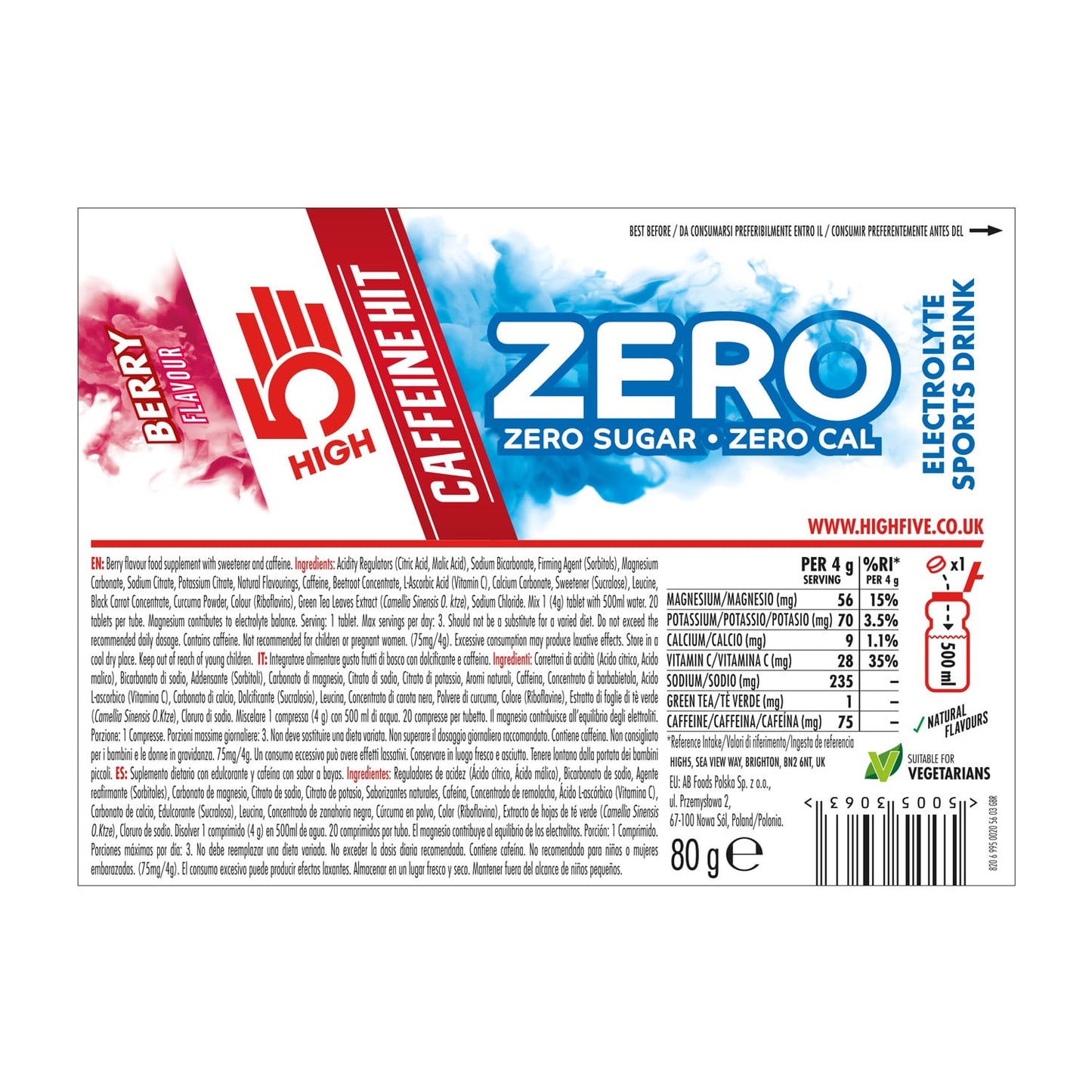 Boisson Anticrampe High5 ZERO Caffeine Hit Tubo de 20 Pastillas de Frutos Rojos
