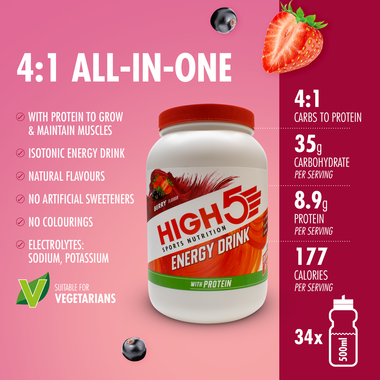 Bebida Energética High5 ENERGY DRINK PROTEIN (1.6kg) Frutos Rojos