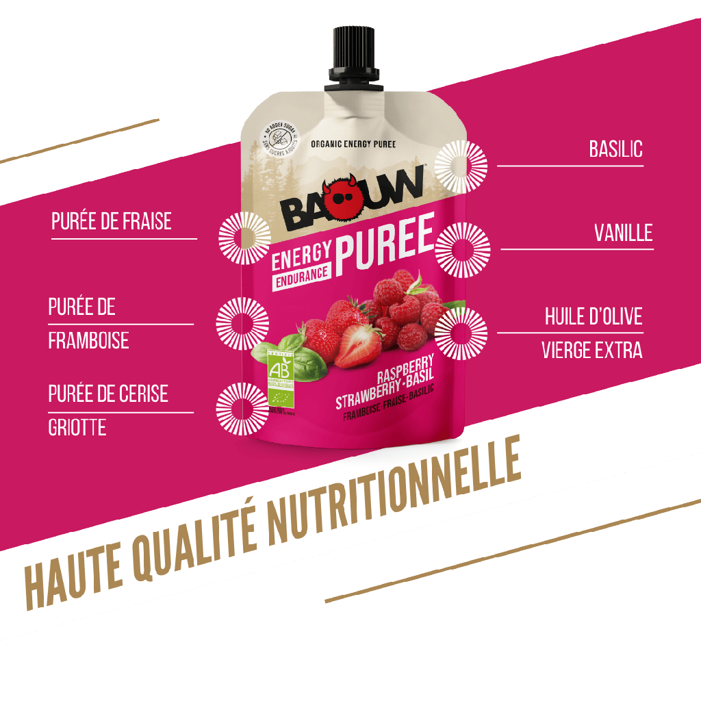 BAOUW Receta ecológica de puré energético con frambuesa/frambuesa/fruta de albahaca (90g)