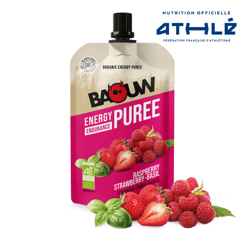 BAOUW Receta ecológica de puré energético con frambuesa/frambuesa/fruta de albahaca (90g)