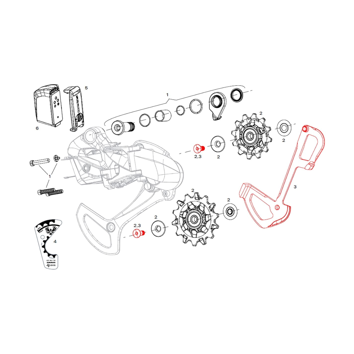 Pata interior de cambio trasero de 12 velocidades SRAM XX1 EAGLE AXS Lunar — ilustración original encuadrada sobre fondo blanco