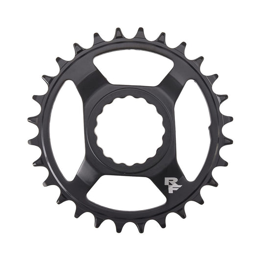 Plato monoplato RACE FACE NARROW WIDE 9/10/11/12V Cinch Direct Mount negro/acero — vista del plato sobre fondo blanco