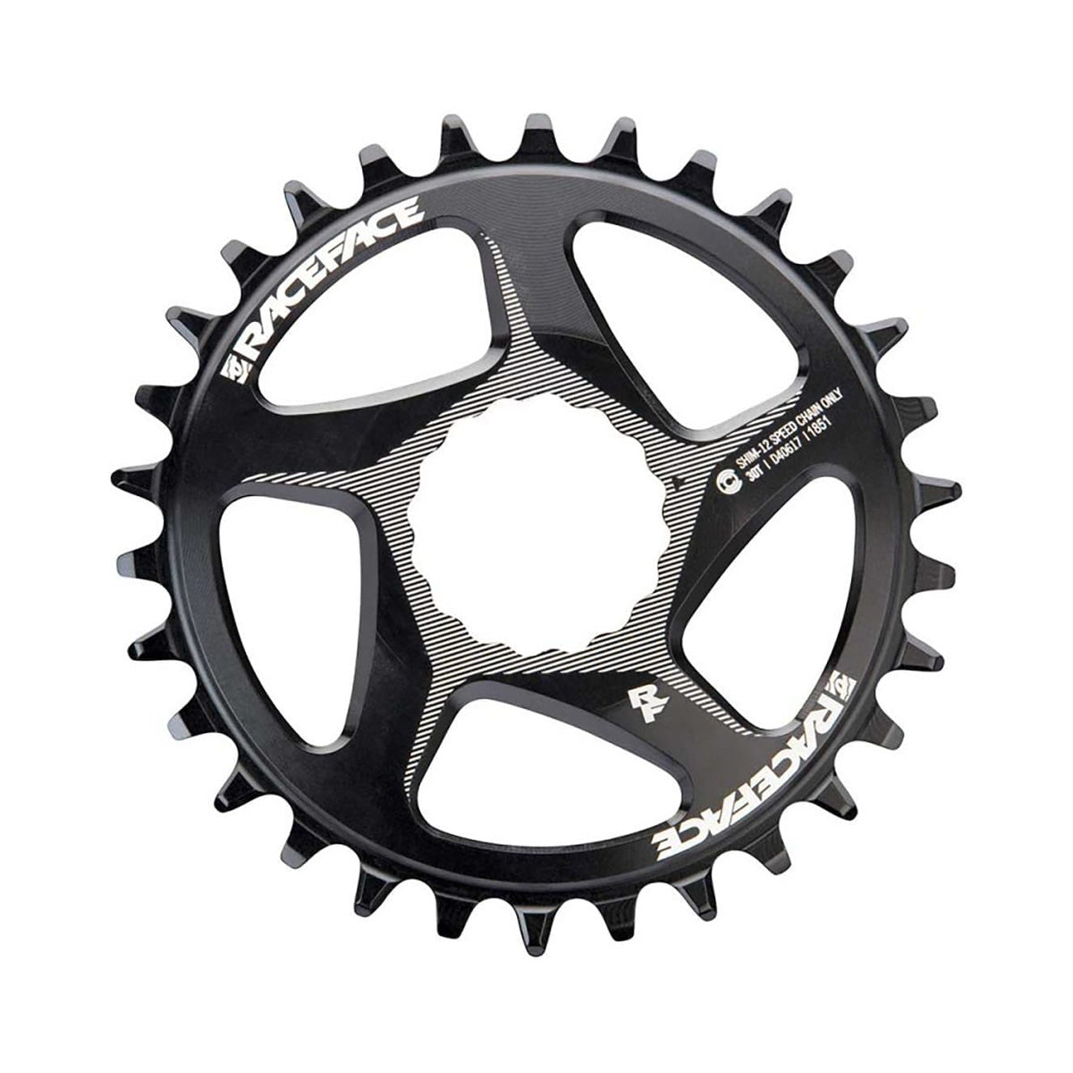 Plato monoplato RACE FACE 12V Direct Mount compatible con SHIMANO negro — vista del plato sobre fondo blanco