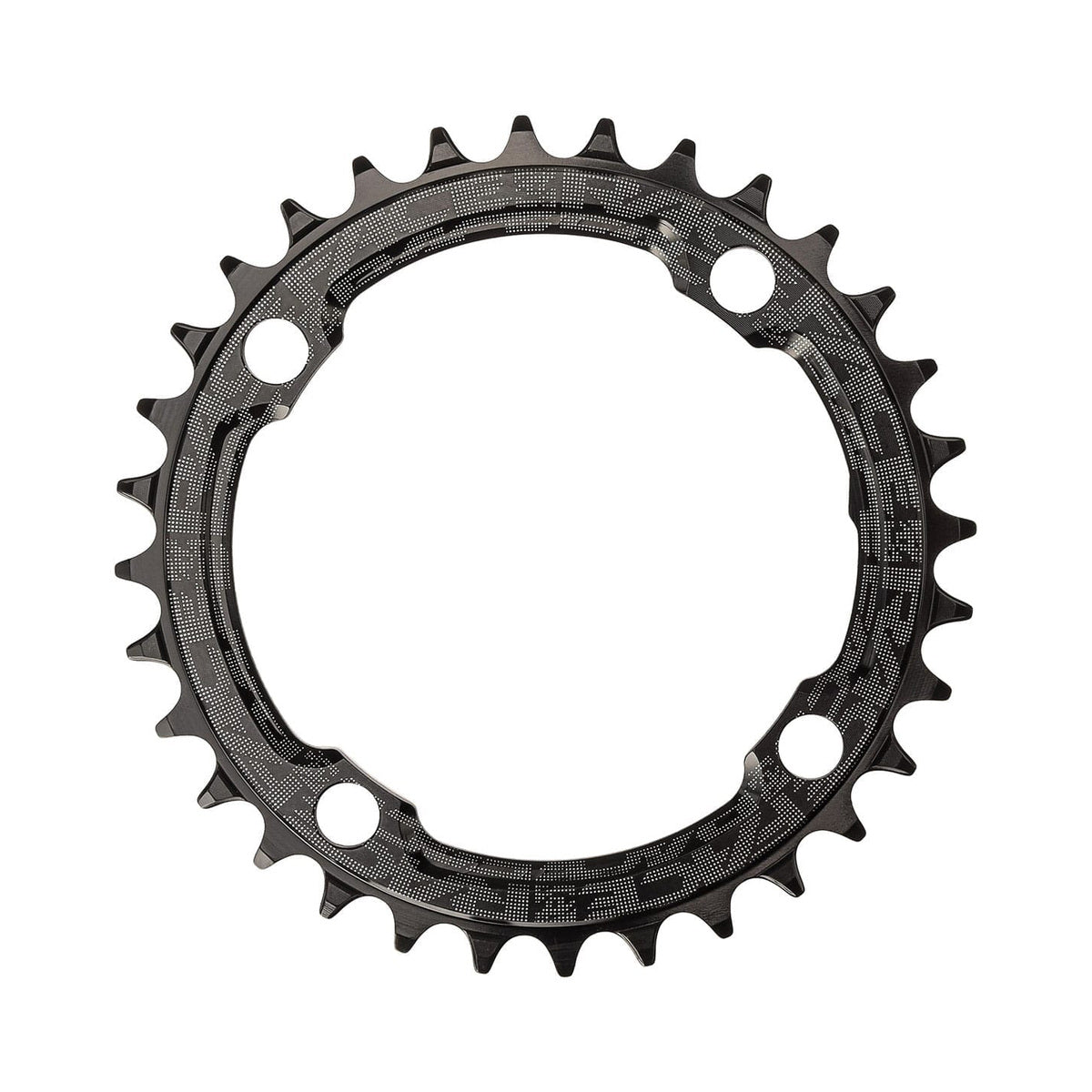Plato monoplato RACE FACE NARROW WIDE 9/10/11/12V 4 agujeros 104 mm negro — vista del plato sobre fondo blanco