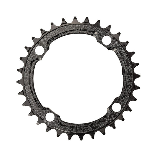 Plato monoplato RACE FACE NARROW WIDE 9/10/11/12V 4 agujeros 104 mm negro — vista del plato sobre fondo blanco