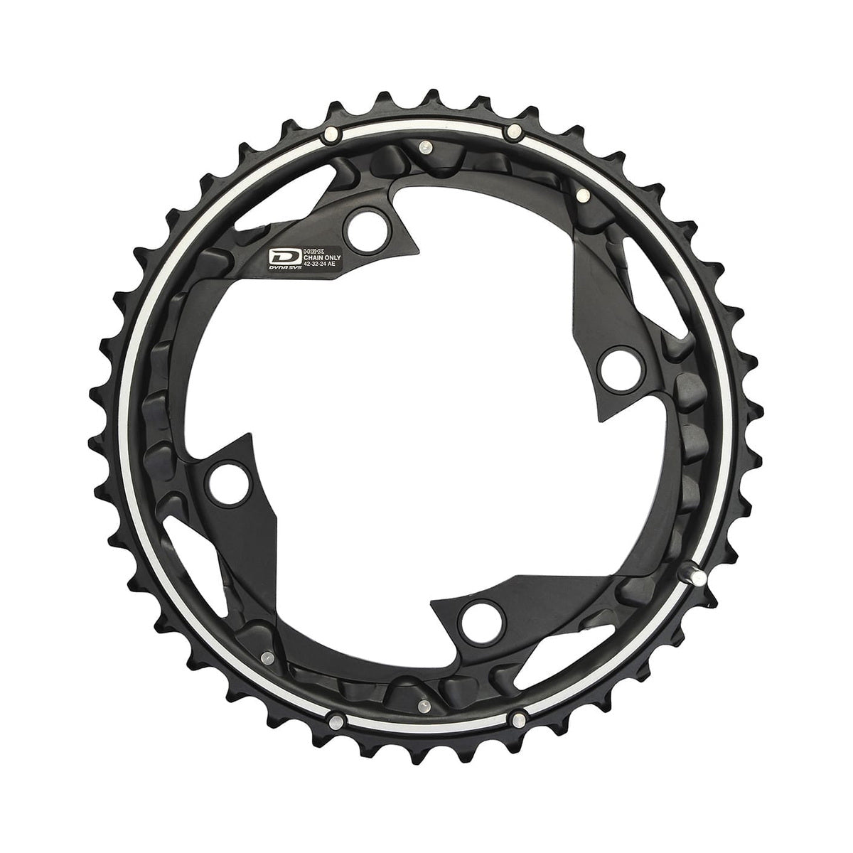 Plato exterior SHIMANO DEORE M610 de 10 velocidades, 4 orificios, 104 mm — vista del plato sobre fondo blanco