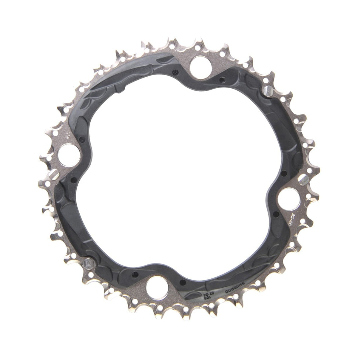 Plato intermedio SHIMANO SLX M660/670/XT M780 de 10 velocidades, 4 orificios, 104 mm — vista del plato sobre fondo blanco