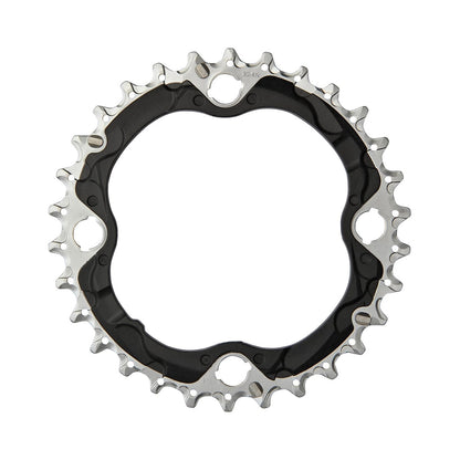 Plato intermedio SHIMANO SLX M672/XT M782 de 10 velocidades, 4 tornillos, 96 mm — vista del plato sobre fondo blanco