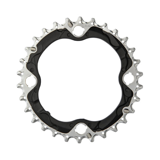 Plato intermedio SHIMANO SLX M672/XT M782 de 10 velocidades, 4 tornillos, 96 mm — vista del plato sobre fondo blanco