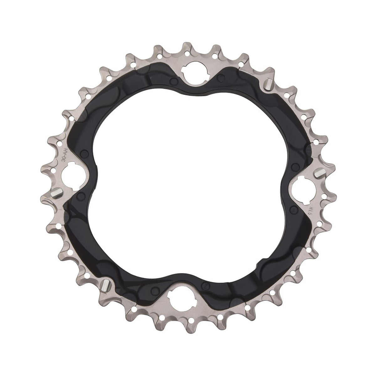 Plato intermedio SHIMANO SLX M672 de 10 velocidades, 4 tornillos, 96 mm — vista del plato sobre fondo blanco