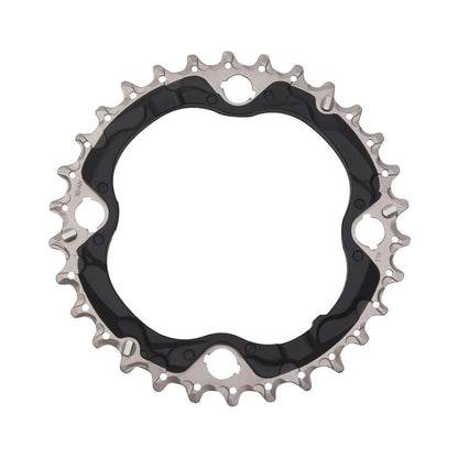 Plato intermedio SHIMANO SLX M672 de 10 velocidades, 4 tornillos, 96 mm — vista del plato sobre fondo blanco