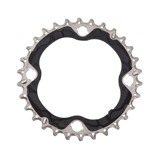 Plato intermedio SHIMANO SLX M672 de 10 velocidades, 4 tornillos, 96 mm — vista del plato sobre fondo blanco