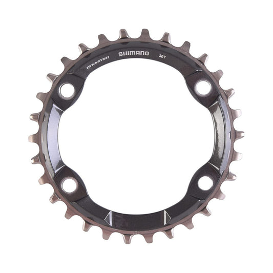 Plato único SHIMANO XT M8000 de dientes estrechos y anchos, 11 velocidades, 4 tornillos, 96 mm — vista del plato sobre fondo blanco