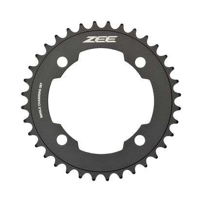 Plato único SHIMANO ZEE M640/M645 de 10 velocidades, 4 tornillos, 104 mm — vista del plato sobre fondo blanco