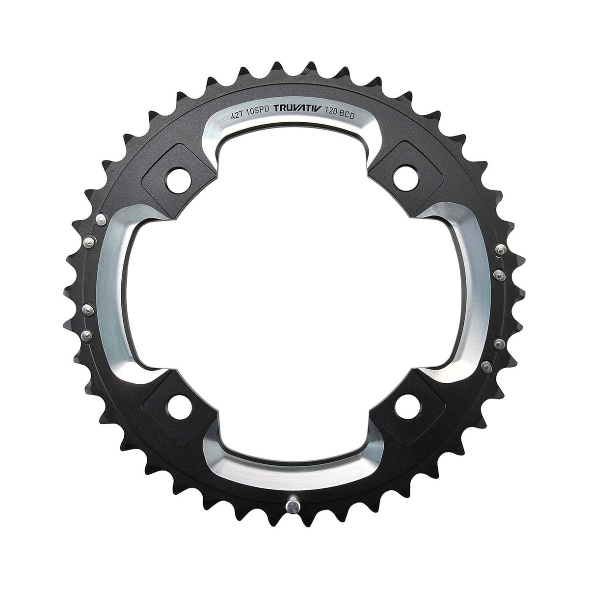 Plato exterior SRAM/TRUVATIV de 10 velocidades, 4 tornillos, 120 mm, 39 dientes, aluminio negro/plata — vista del plato sobre fondo blanco