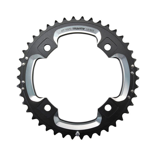 Plato exterior SRAM/TRUVATIV de 10 velocidades, 4 tornillos, 120 mm, 39 dientes, aluminio negro/plata — vista del plato sobre fondo blanco
