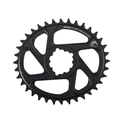 Plato único ovalado SRAM EAGLE X-SYNC2 BOOST 11/12 velocidades de montaje directo, desplazamiento de 3 mm, aluminio negro — vista del plato sobre fondo blanco