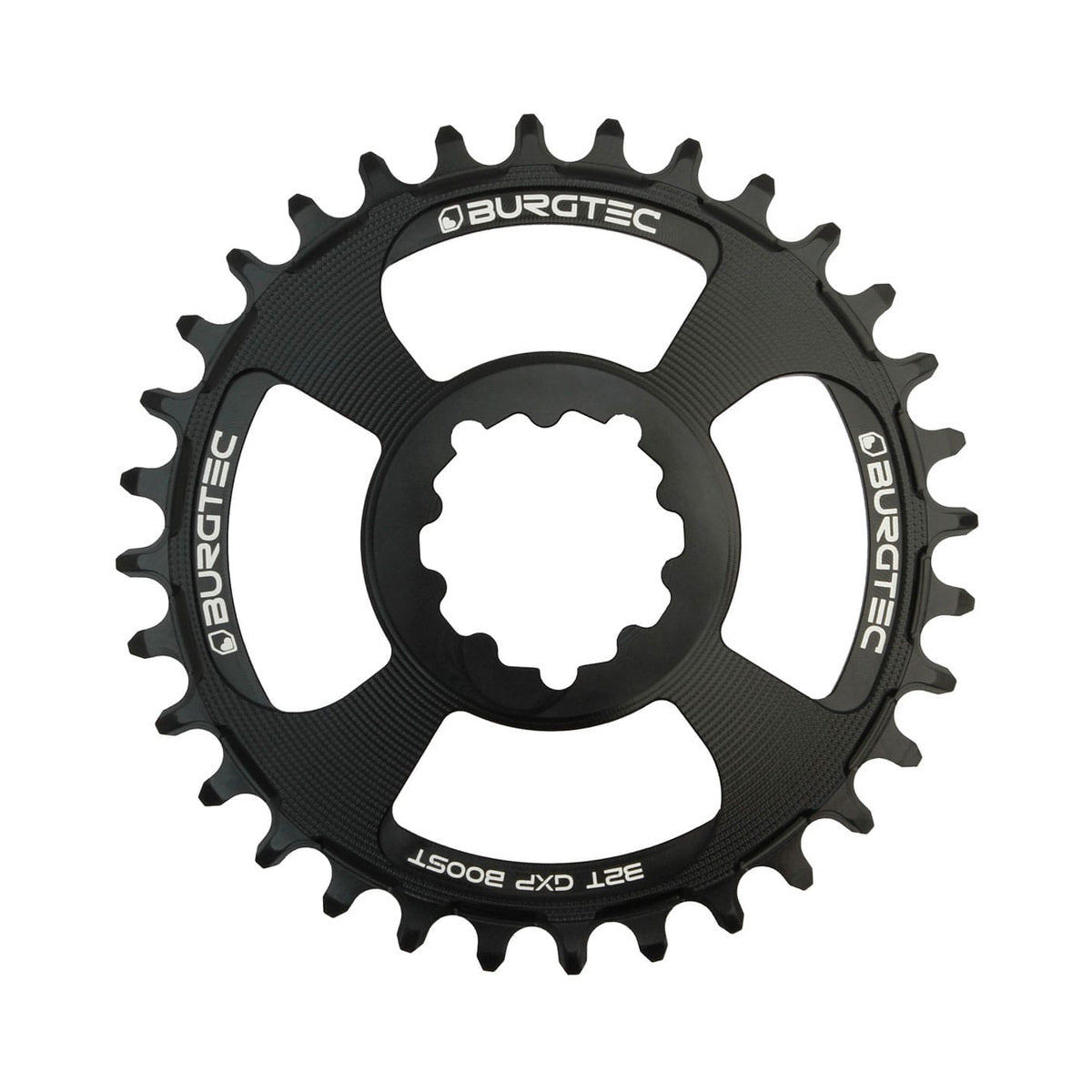 Plato único BURGTEC GXP THICK THIN 11/12 velocidades BOOST de montaje directo, dientes estrechos y anchos, desplazamiento de 3 mm, negro — vista del plato sobre fondo blanco