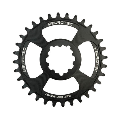 Plato único BURGTEC GXP THICK THIN 11/12 velocidades BOOST de montaje directo, dientes estrechos y anchos, desplazamiento de 3 mm, negro — vista del plato sobre fondo blanco