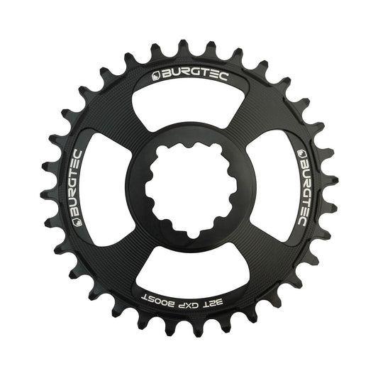 Plato único BURGTEC GXP THICK THIN 11/12 velocidades BOOST de montaje directo, dientes estrechos y anchos, desplazamiento de 3 mm, negro — vista del plato sobre fondo blanco