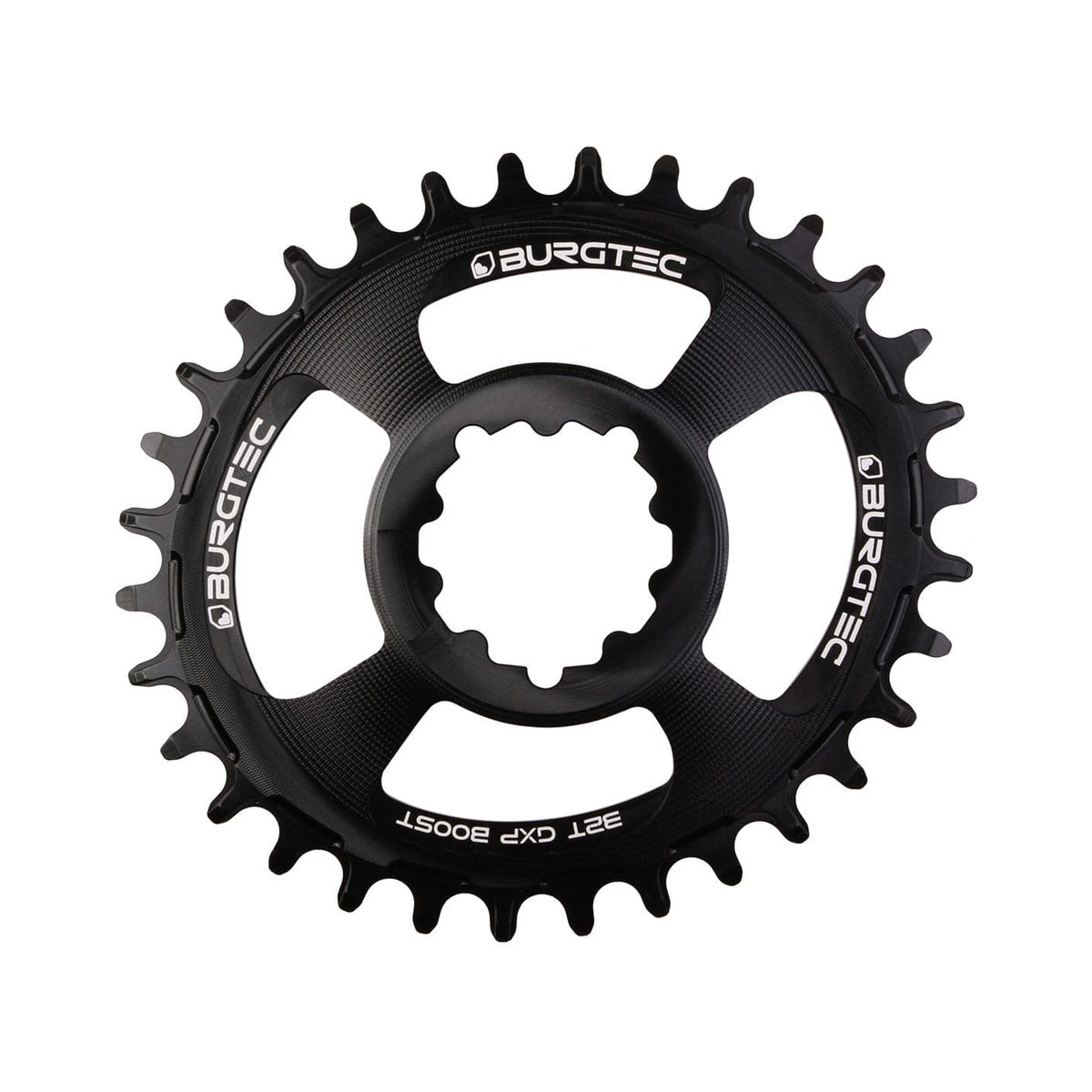 Plato ovalado monoplato BURGTEC THICK THIN 11/12 velocidades BOOST, montaje directo, dentado estrecho-ancho, desplazamiento de 3 mm, negro — vista del plato sobre fondo blanco