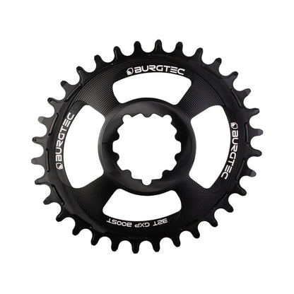 Plato ovalado monoplato BURGTEC THICK THIN 11/12 velocidades BOOST, montaje directo, dentado estrecho-ancho, desplazamiento de 3 mm, negro — vista del plato sobre fondo blanco