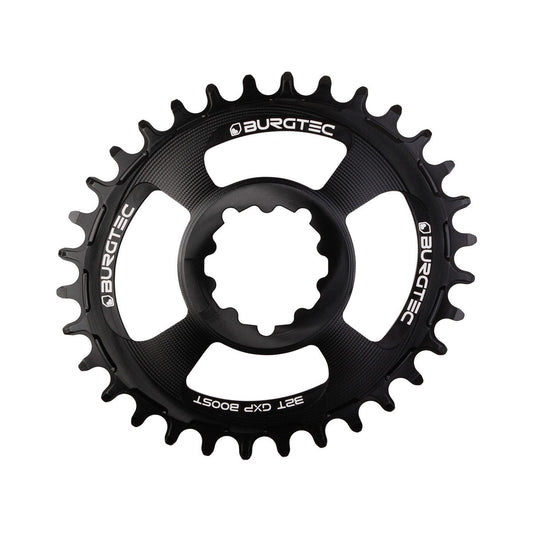 Plato ovalado monoplato BURGTEC THICK THIN 11/12 velocidades BOOST, montaje directo, dentado estrecho-ancho, desplazamiento de 3 mm, negro — vista del plato sobre fondo blanco