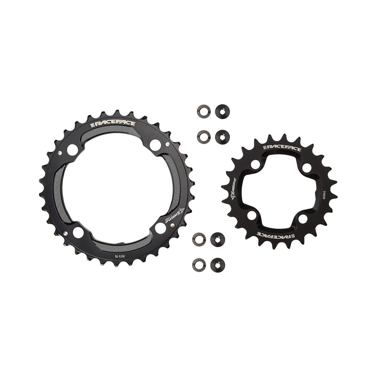 Juego de dos platos RACE FACE TURBINE de 11 velocidades, negro — vista de los platos sobre fondo blanco