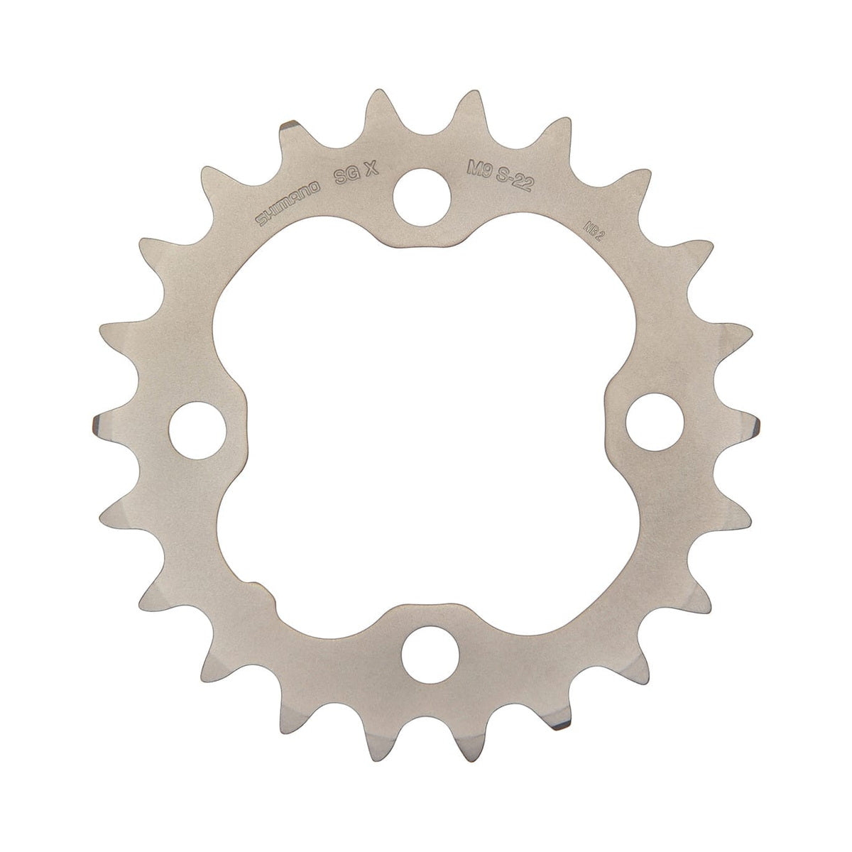 Plato interior SHIMANO DEORE M590 de 9 velocidades, 4 tornillos, 64 mm, plata — vista del plato sobre fondo blanco