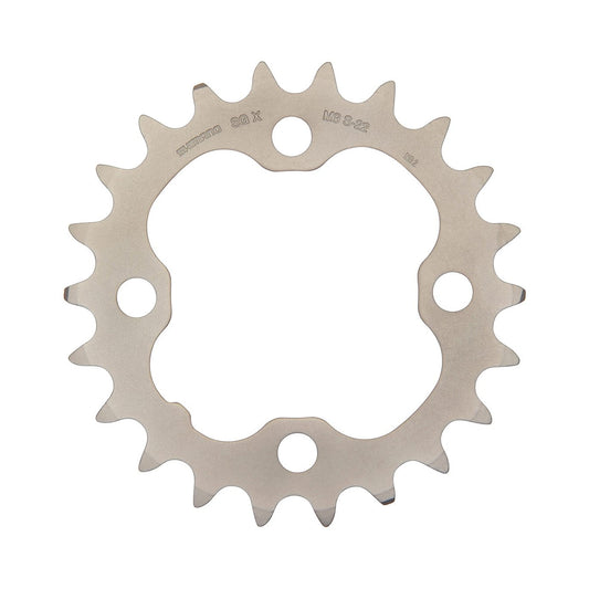 Plato interior SHIMANO DEORE M590 de 9 velocidades, 4 tornillos, 64 mm, plata — vista del plato sobre fondo blanco