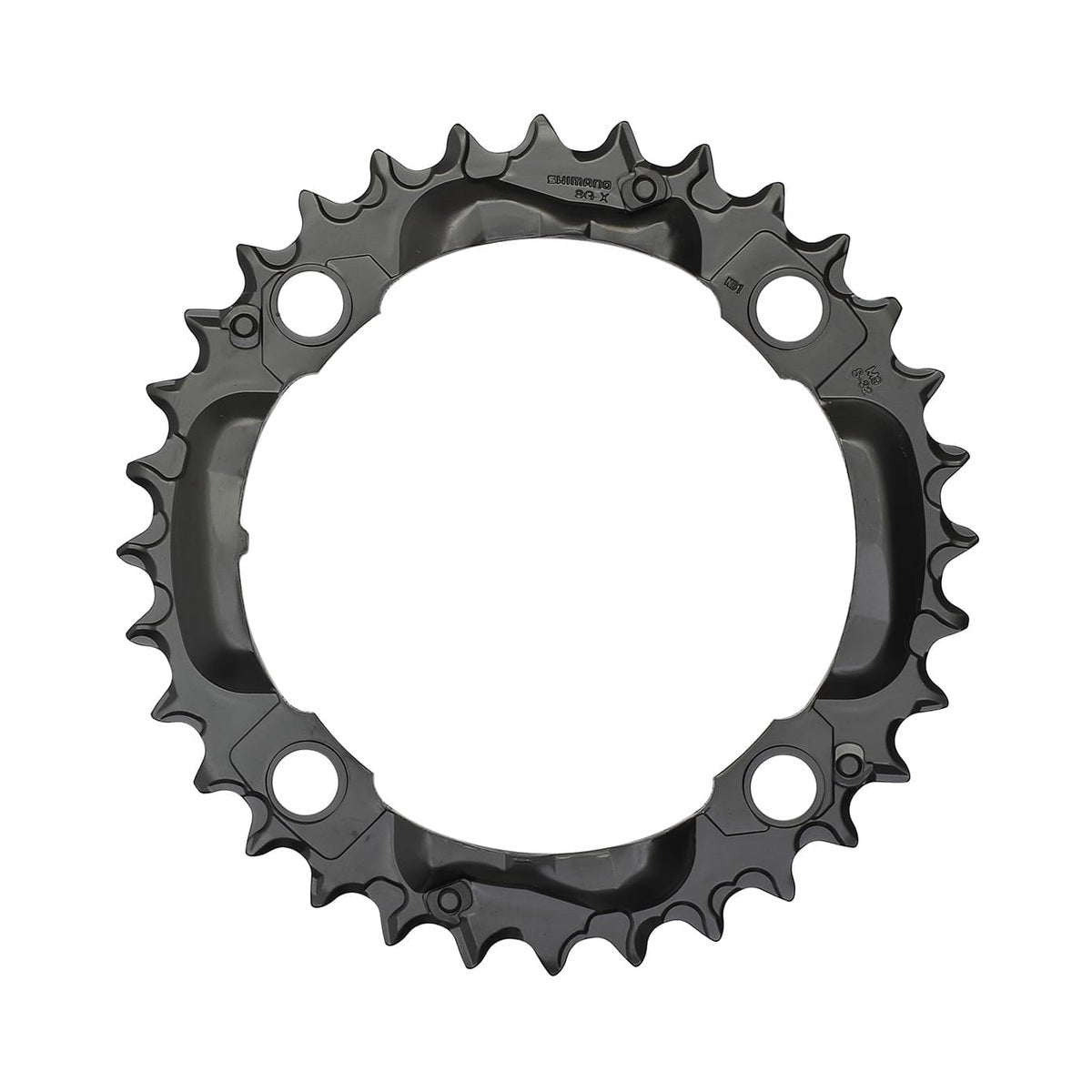 Plato intermedio SHIMANO DEORE M590 de 9 velocidades, 4 tornillos, 104 mm, negro — vista del plato sobre fondo blanco