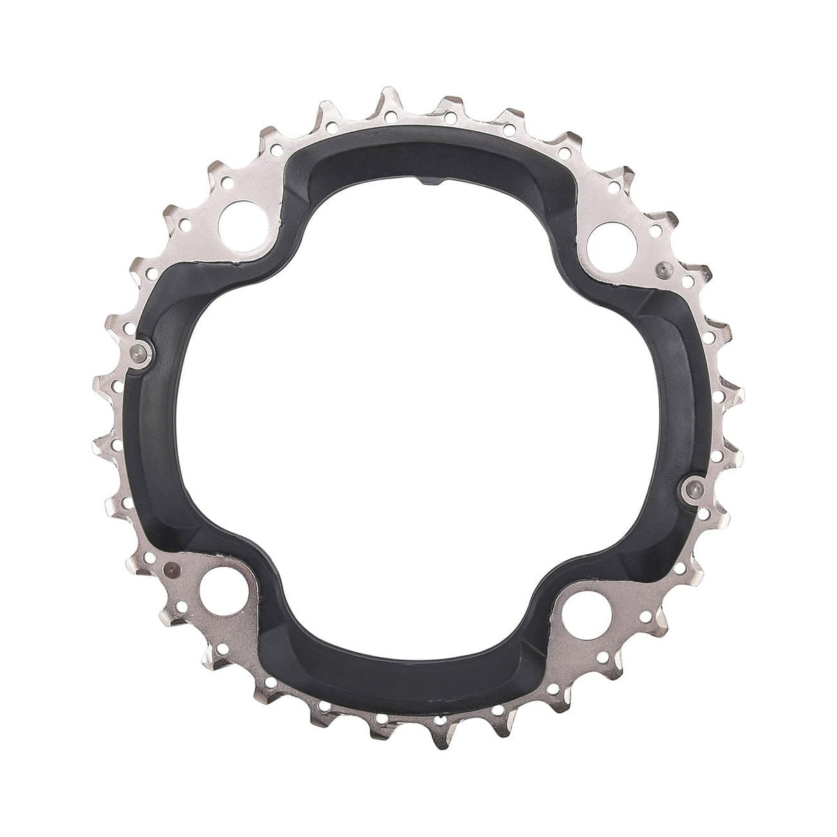 Plato intermedio SHIMANO DEORE M610 de 10 velocidades, 4 tornillos, 104 mm — vista del plato sobre fondo blanco