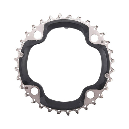 Plato intermedio SHIMANO DEORE M610 de 10 velocidades, 4 tornillos, 104 mm — vista del plato sobre fondo blanco