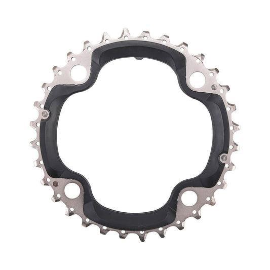 Plato intermedio SHIMANO DEORE M610 de 10 velocidades, 4 tornillos, 104 mm — vista del plato sobre fondo blanco
