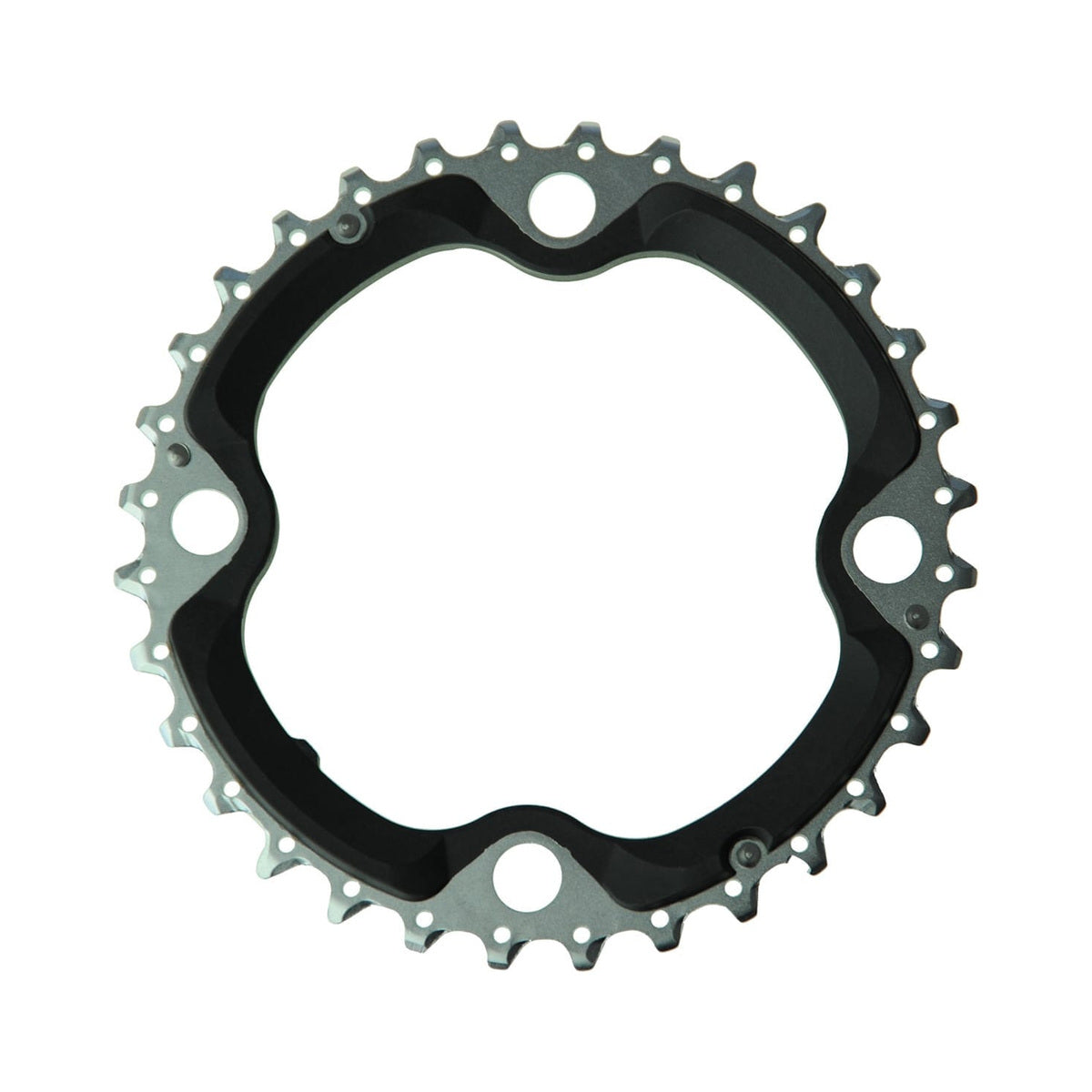 Plato intermedio SHIMANO XT M780/M770 de 10 velocidades, 4 agujeros, 104 mm — vista del plato sobre fondo blanco