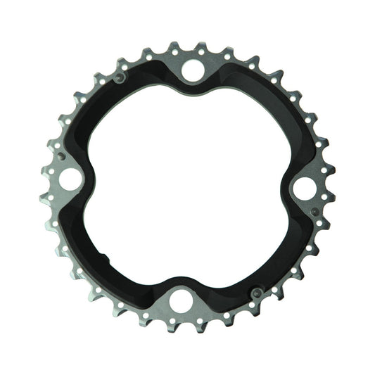 Plato intermedio SHIMANO XT M780/M770 de 10 velocidades, 4 agujeros, 104 mm — vista del plato sobre fondo blanco
