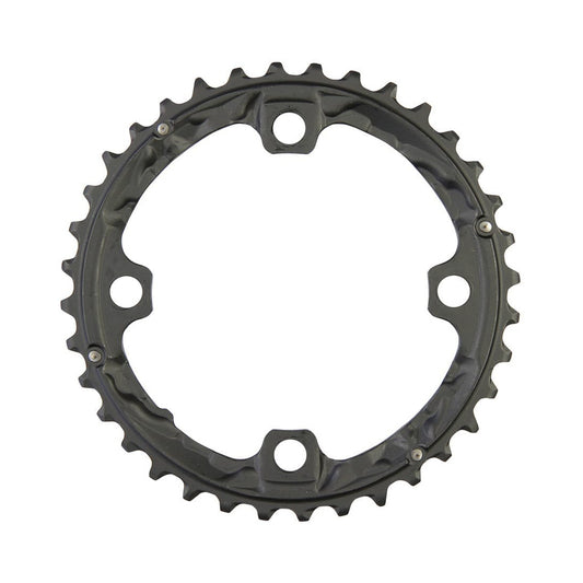 Plato intermedio SHIMANO XT T781/T670 de 10 velocidades, 4 agujeros, 104 mm — vista del plato sobre fondo blanco