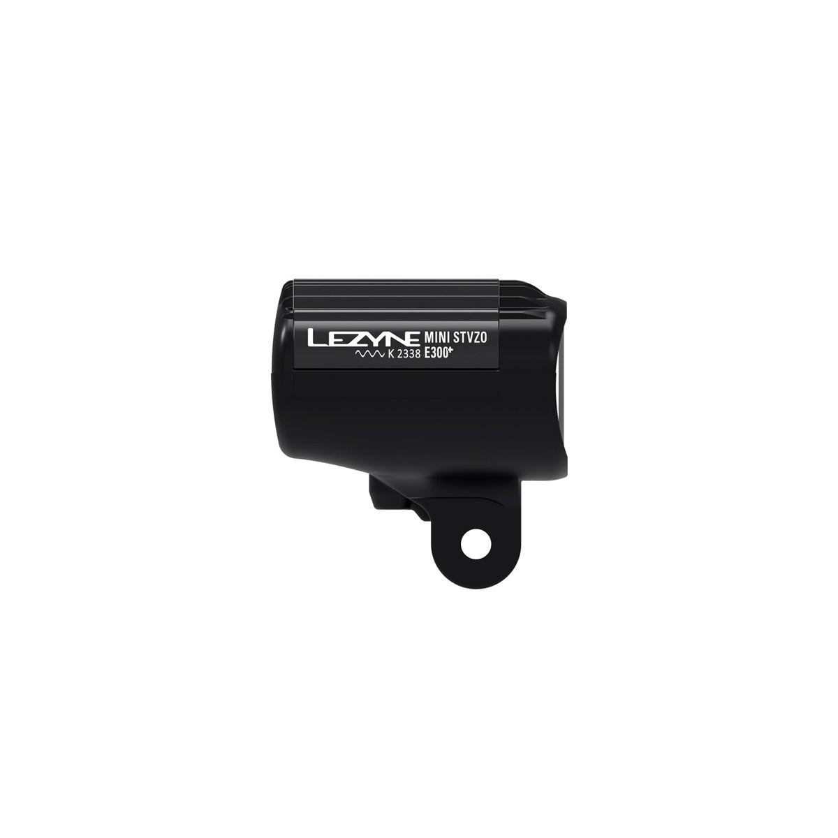 Vista lateral de la luz delantera LEZYNE E-BIKE E-MINI STVZO E300+ con placa de aluminio