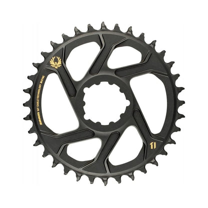 Plato monoplato SRAM EAGLE X-SYNC2 de dentado estrecho-ancho, 12 velocidades, montaje directo, desplazamiento de 6 mm, dorado — vista del plato sobre fondo blanco