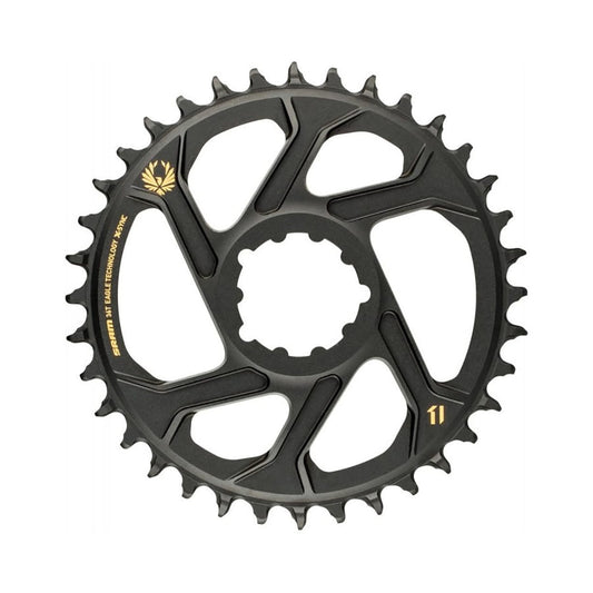Plato monoplato SRAM EAGLE X-SYNC2 de dentado estrecho-ancho, 12 velocidades, montaje directo, desplazamiento de 6 mm, dorado — vista del plato sobre fondo blanco