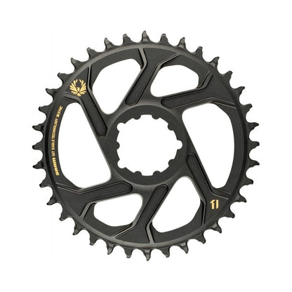 Plato monoplato SRAM EAGLE X-SYNC 2 de dentado estrecho-ancho BOOST, 11/12 velocidades, montaje directo, desplazamiento de 3 mm, dorado — vista del plato sobre fondo blanco