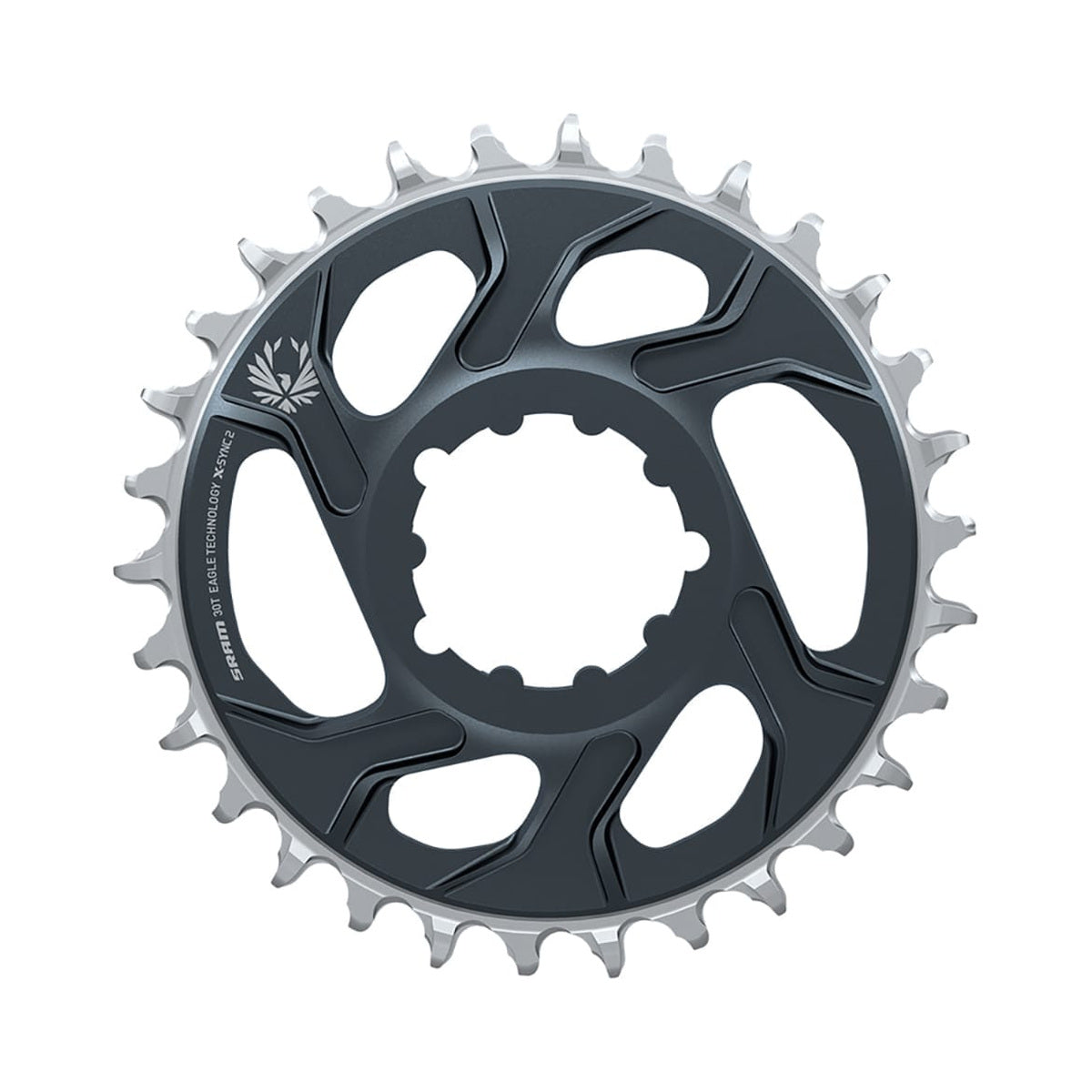 Plato monoplato SRAM X-SYNC 2 EAGLE de 12 velocidades, montaje directo, desplazamiento de 6 mm, gris lunar — vista del plato sobre fondo blanco