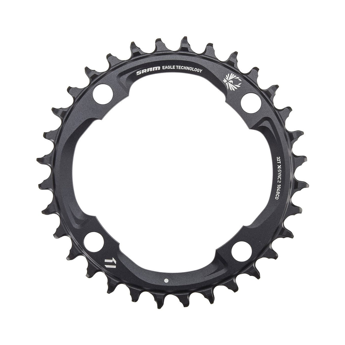Plato monoplato SRAM EAGLE X-SYNC2 de 12 velocidades, 4 agujeros, 104 mm — vista del plato sobre fondo blanco